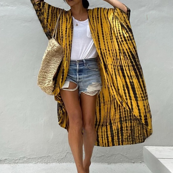 Mustard Yellow Tie Dye Boho Swim Coverup Kimono Robe - Picture 3 of 6